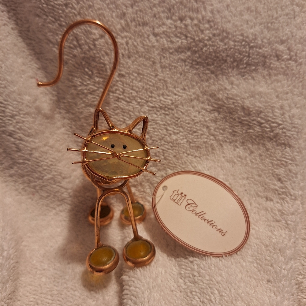 Copper Wire Cat With Glass Belly Marble Feet & Stained Glass Bobble Head Kitten